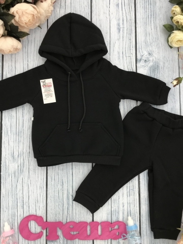 Купить оптом 296-Ч. Свитшот с капюшоном + Штаны, хлопок 65%, 35% ПЭ, 3-х нитка (начес) черный 80,86,92 в Саранске