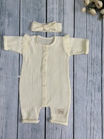 Купить оптом 336-СЛ. Комбинезон с повязкой для девочки из муслина, хлопок 100%, размеры 56,62,68, сливочный в Саранске