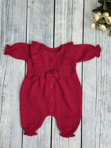 Купить оптом 337-Ф. Комбинезон с бантом для девочки из муслина, хлопок 100%, размеры 56,62,68, фуксия в Саранске